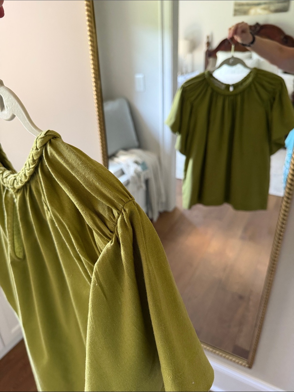 Olive Braided-Neck Flutter Sleeve Blouse - Picture 15 of 16